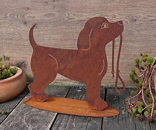 Gartendekoration Hund stehend mit Leine auf Platte Metall Rost Deko zu